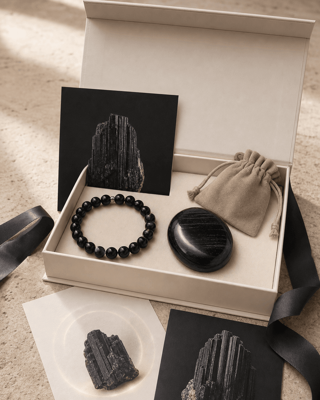 Protection and Stability Kit gift box with black tourmaline bracelet, pocket stone, card, and pouch