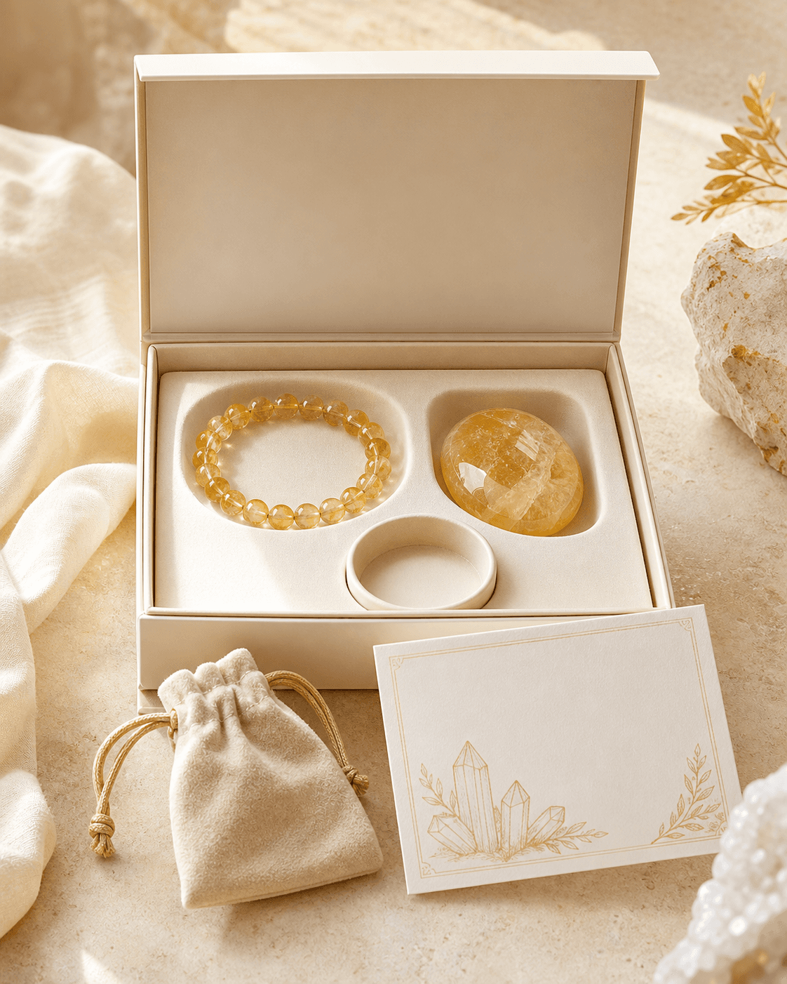 Wealth and Opportunity Kit gift box with citrine bracelet, stone, ritual card, and pouch