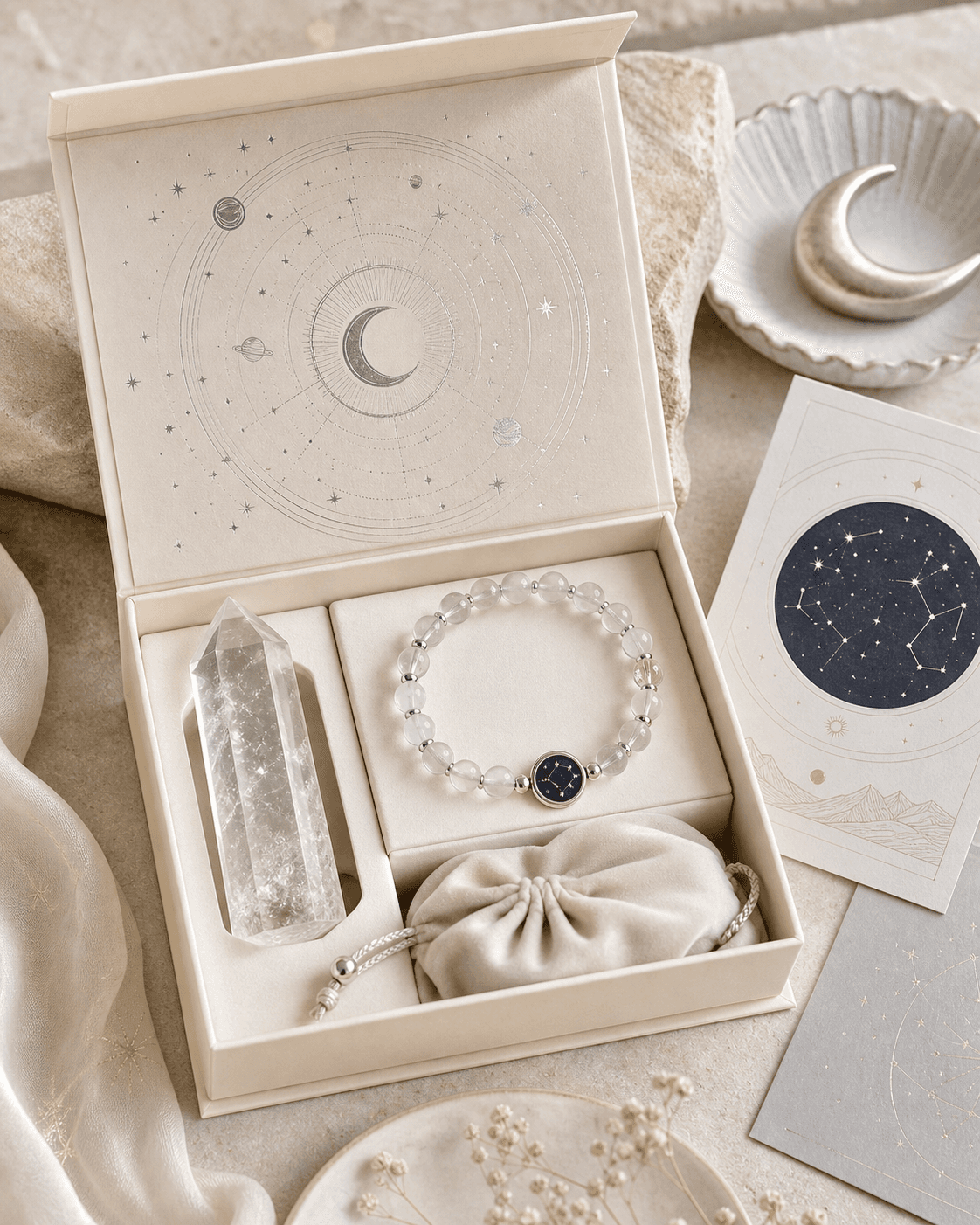 Zodiac Energy Kit gift box with clear quartz point, zodiac bracelet, star sign card, and pouch
